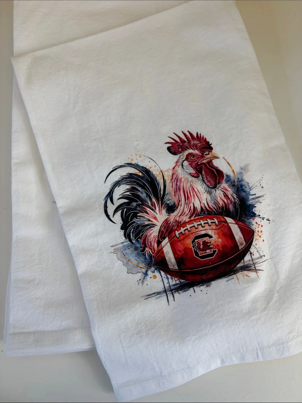 White Kitchen Towel with Gamecock and Football Print